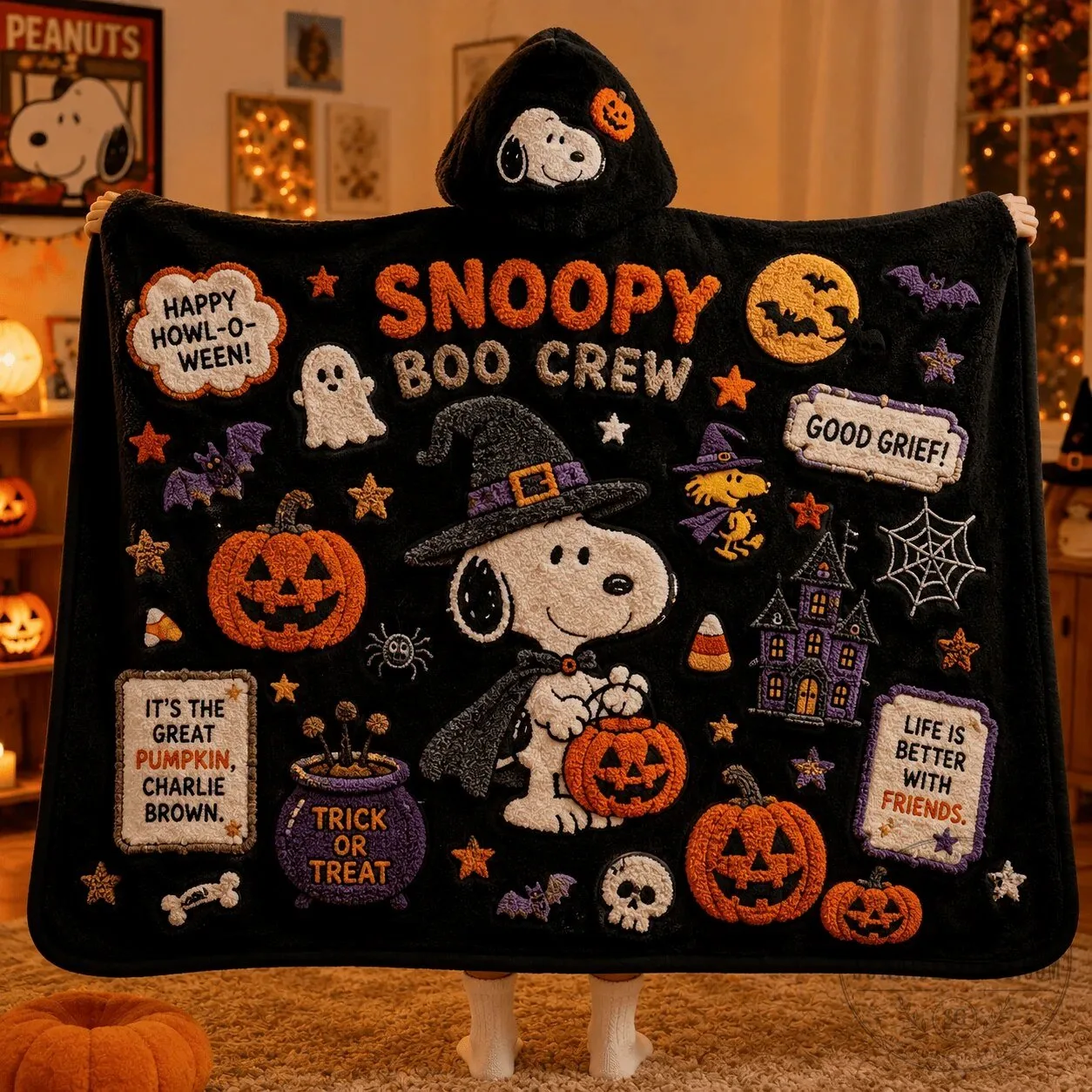 Snoopy Boo Crew Halloween Fleece Hooded Blanket