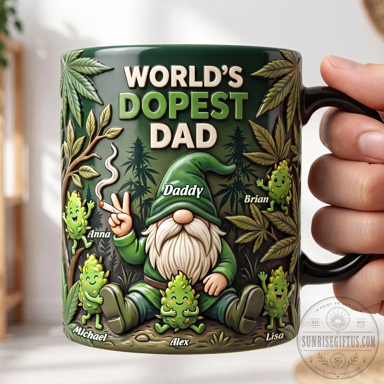 World's Dopest Dad Gnome Marijuana Leaves Personalized Coffee Mug