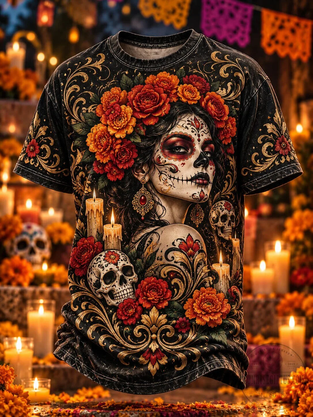Day of the Dead Sugar Skull Woman with Marigolds and Candles T-Shirt 2 Day of the Dead Sugar Skull Woman with Marigolds and Candles T-Shirt