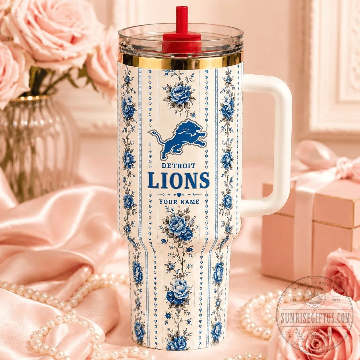 Detroit Lions National Football League Floral Pattern Insulated Tumbler with Handle