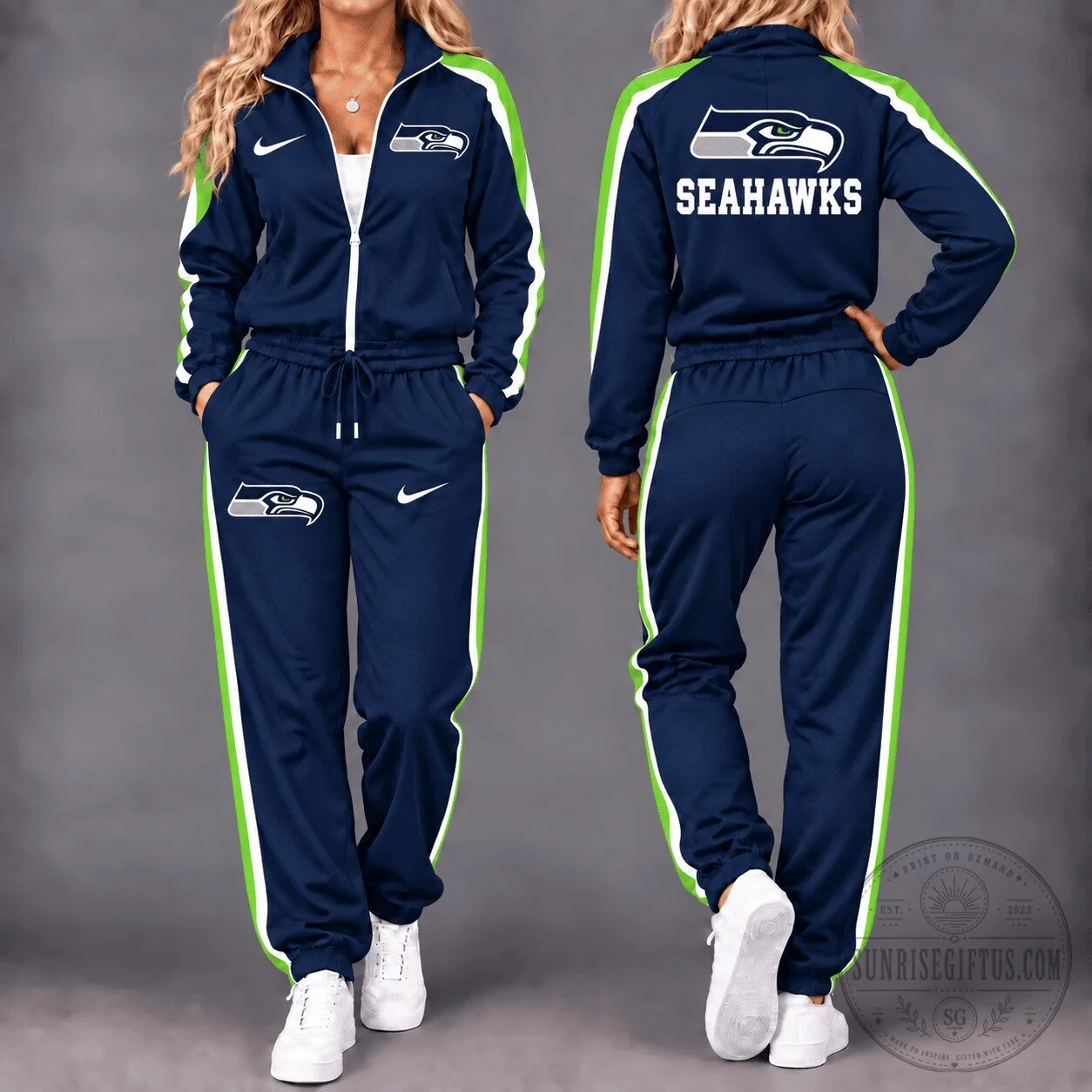 Seattle Seahawks Football Team Navy Blue and Green Striped Tracksuit Set