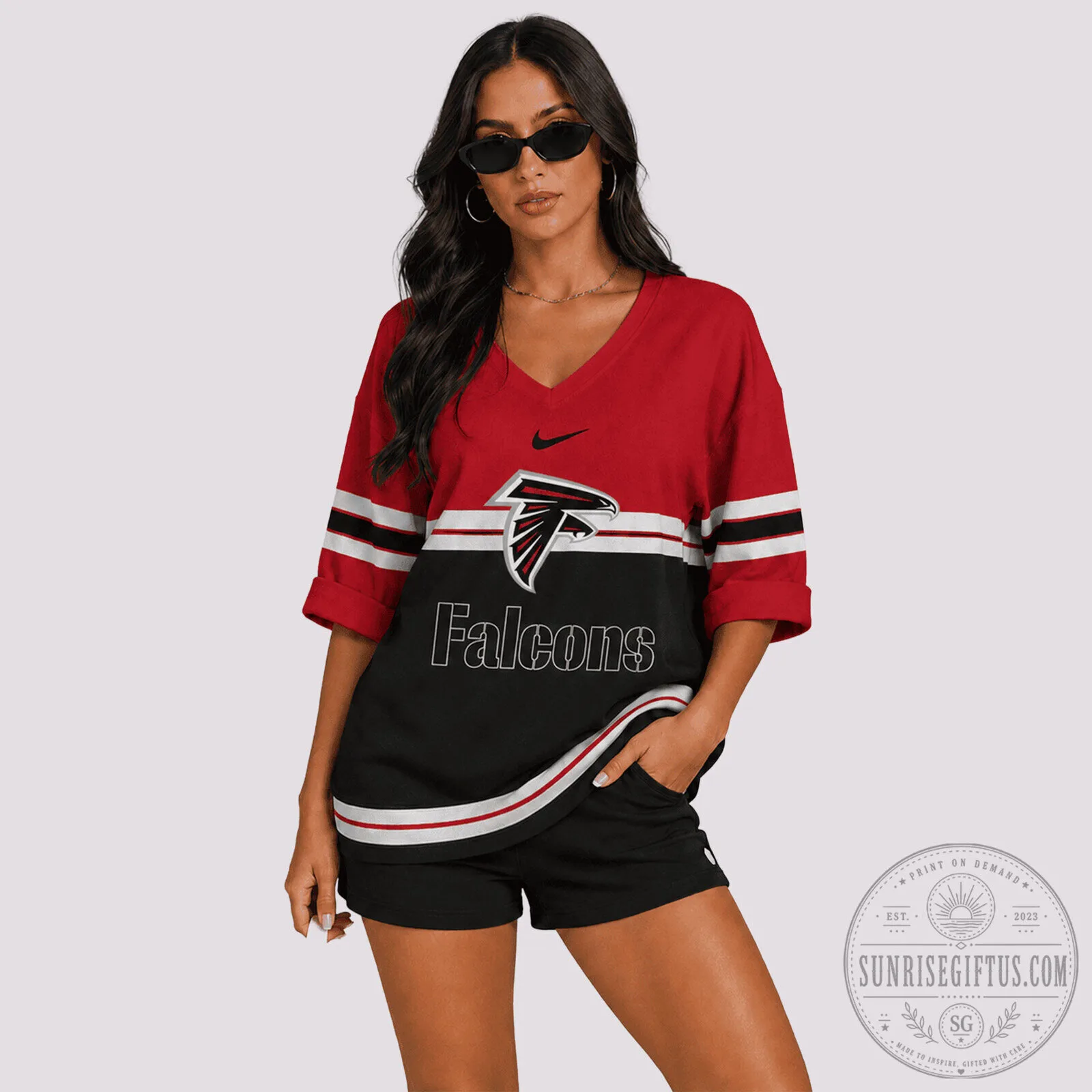 Atlanta Falcons Red and Black V-Neck Oversized T-Shirt for Women