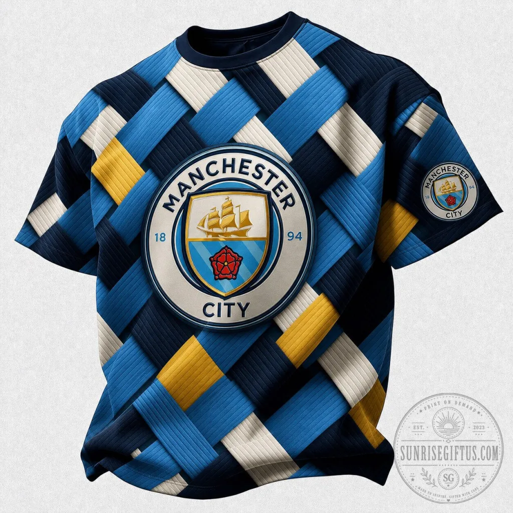 Manchester City Football Club All-Over Print Blue and Yellow Pattern T-Shirt Manchester City Football Club All-Over Print Blue and Yellow Pattern T-Shirt