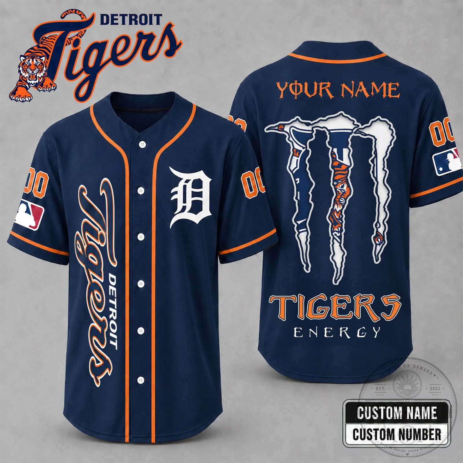 Detroit Tigers Baseball Jersey with Monster Energy Design Custom Name and Number 2 Detroit Tigers Baseball Jersey with Monster Energy Design Custom Name and Number
