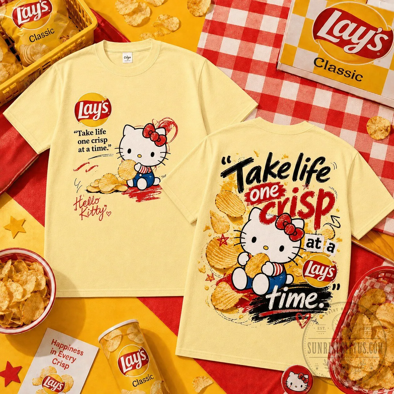Take Life One Crisp At A Time T-Shirt Featuring Hello Kitty and Lay's