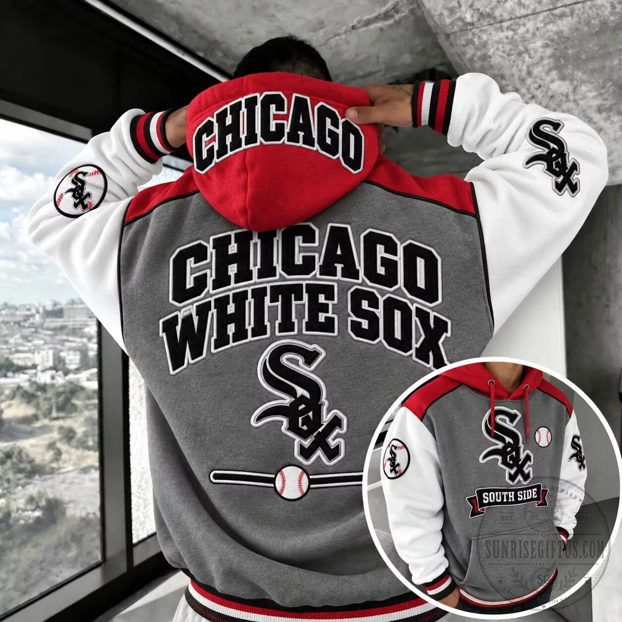 Chicago White Sox Baseball Team Logo Gray and Red Hooded Jacket 2 Chicago White Sox Baseball Team Logo Gray and Red Hooded Jacket