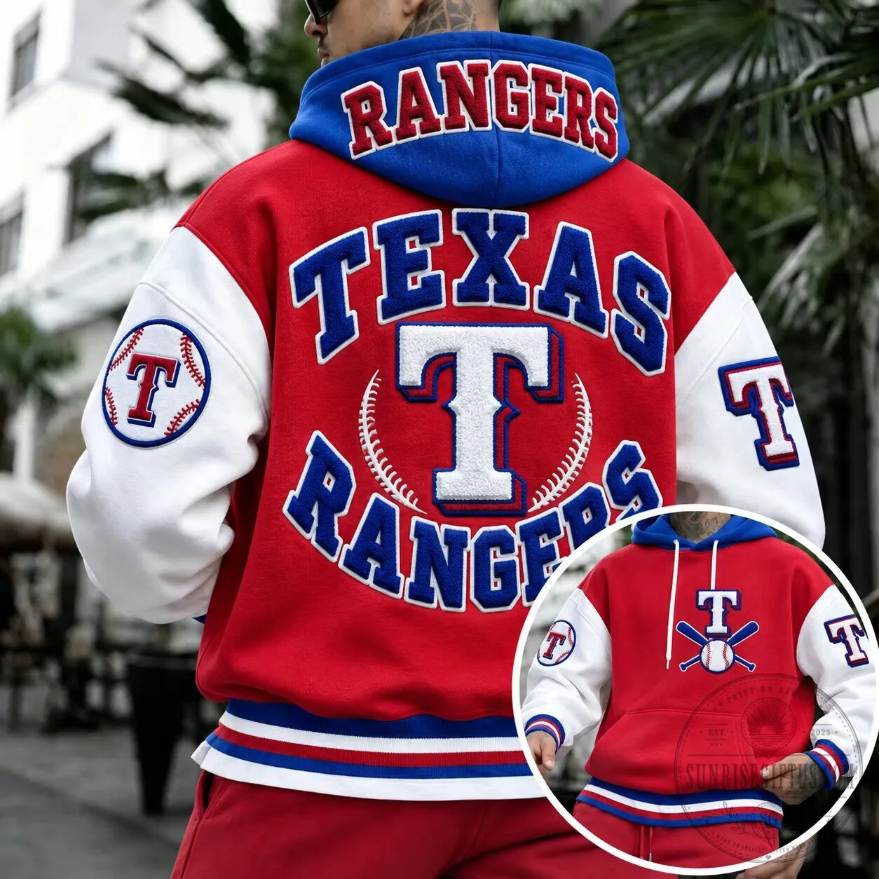 Texas Rangers Baseball Team Logo Embroidered Red and White Hoodie 5 Texas Rangers Baseball Team Logo Embroidered Red and White Hoodie