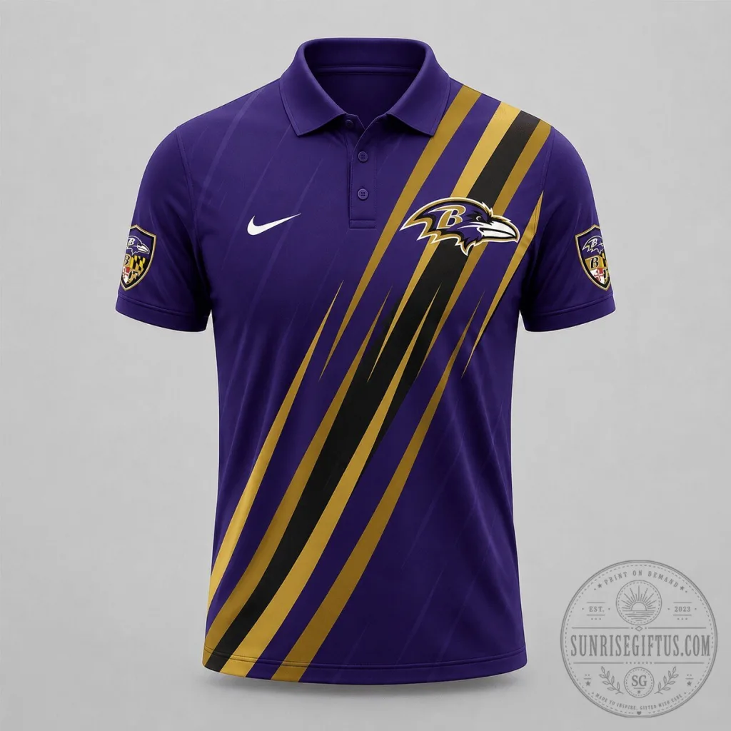 Baltimore Ravens NFL Team Logo Purple and Gold Stripe Polo Shirt Baltimore Ravens NFL Team Logo Purple and Gold Stripe Polo Shirt