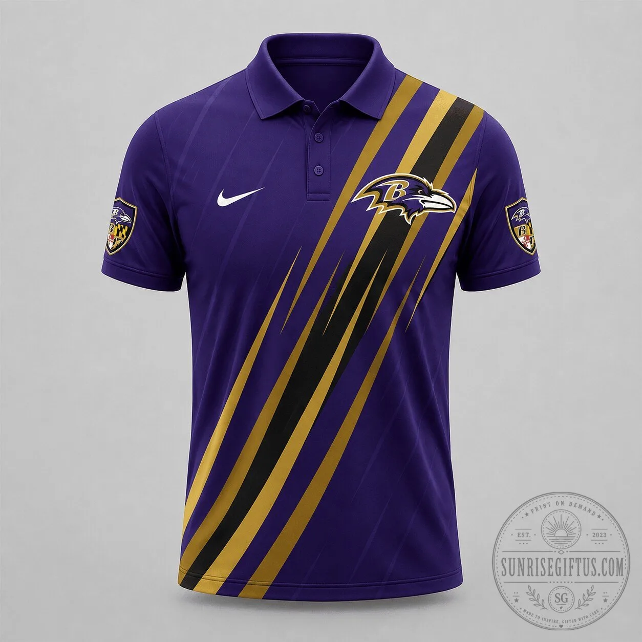 Baltimore Ravens NFL Team Logo Purple and Gold Stripe Polo Shirt 5 Baltimore Ravens NFL Team Logo Purple and Gold Stripe Polo Shirt