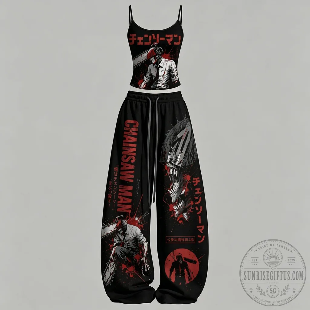 Chainsaw Man Anime Black Cami Top and Wide Leg Sweatpants Set Chainsaw Man Anime Black Cami Top and Wide Leg Sweatpants Set