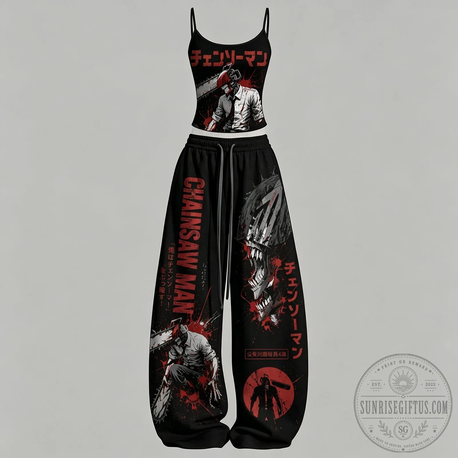 Chainsaw Man Anime Black Cami Top and Wide Leg Sweatpants Set