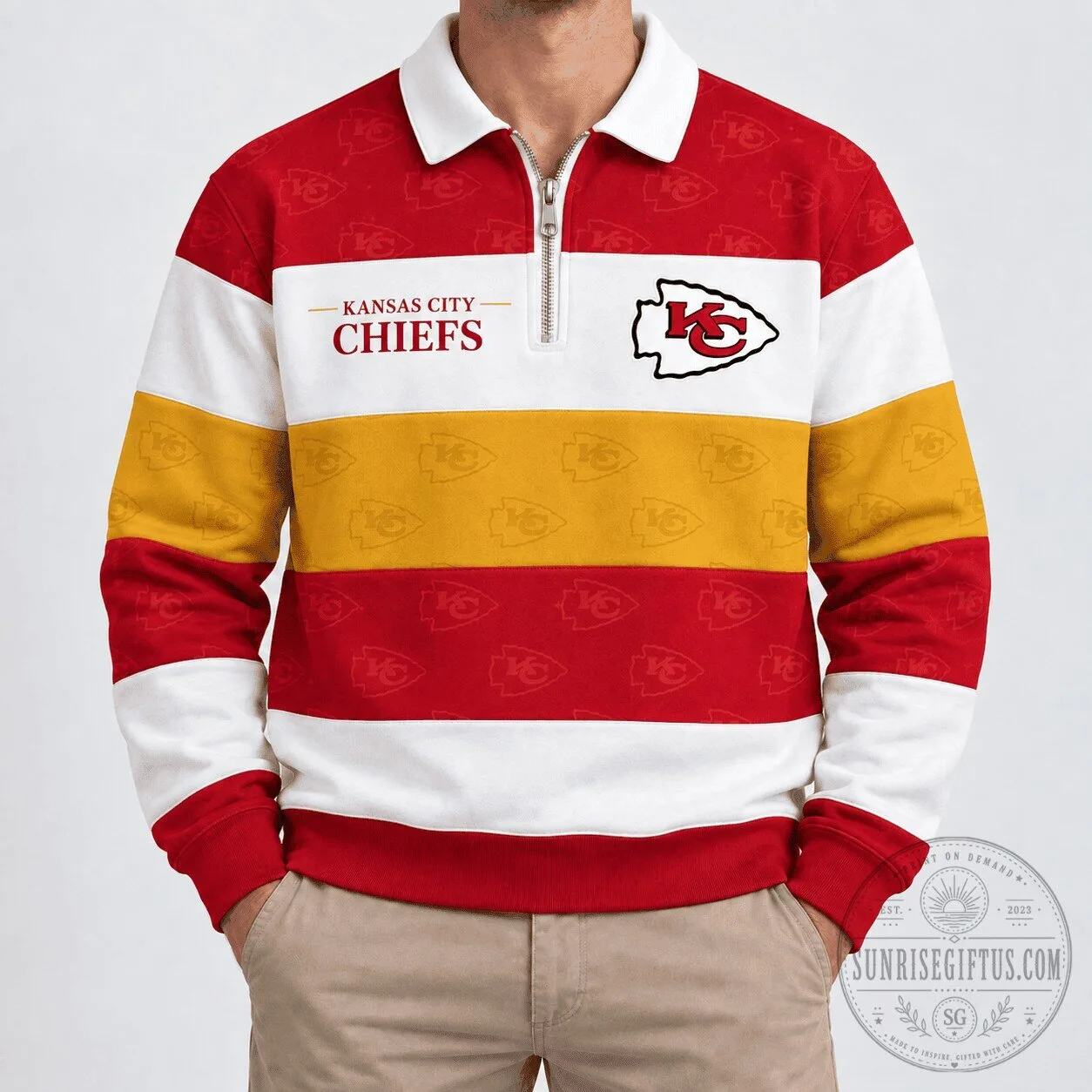 Kansas City Chiefs National Football League Team Striped Quarter Zip Polo Shirt 1 Kansas City Chiefs National Football League Team Striped Quarter Zip Polo Shirt