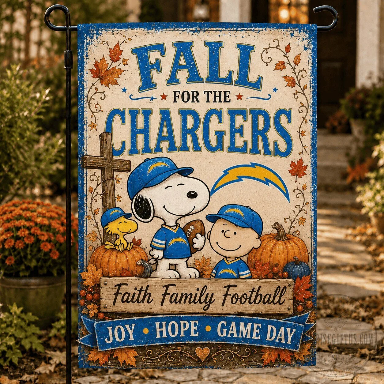 Los Angeles Chargers Snoopy Fall For The Chargers Faith Family Football Garden Flag