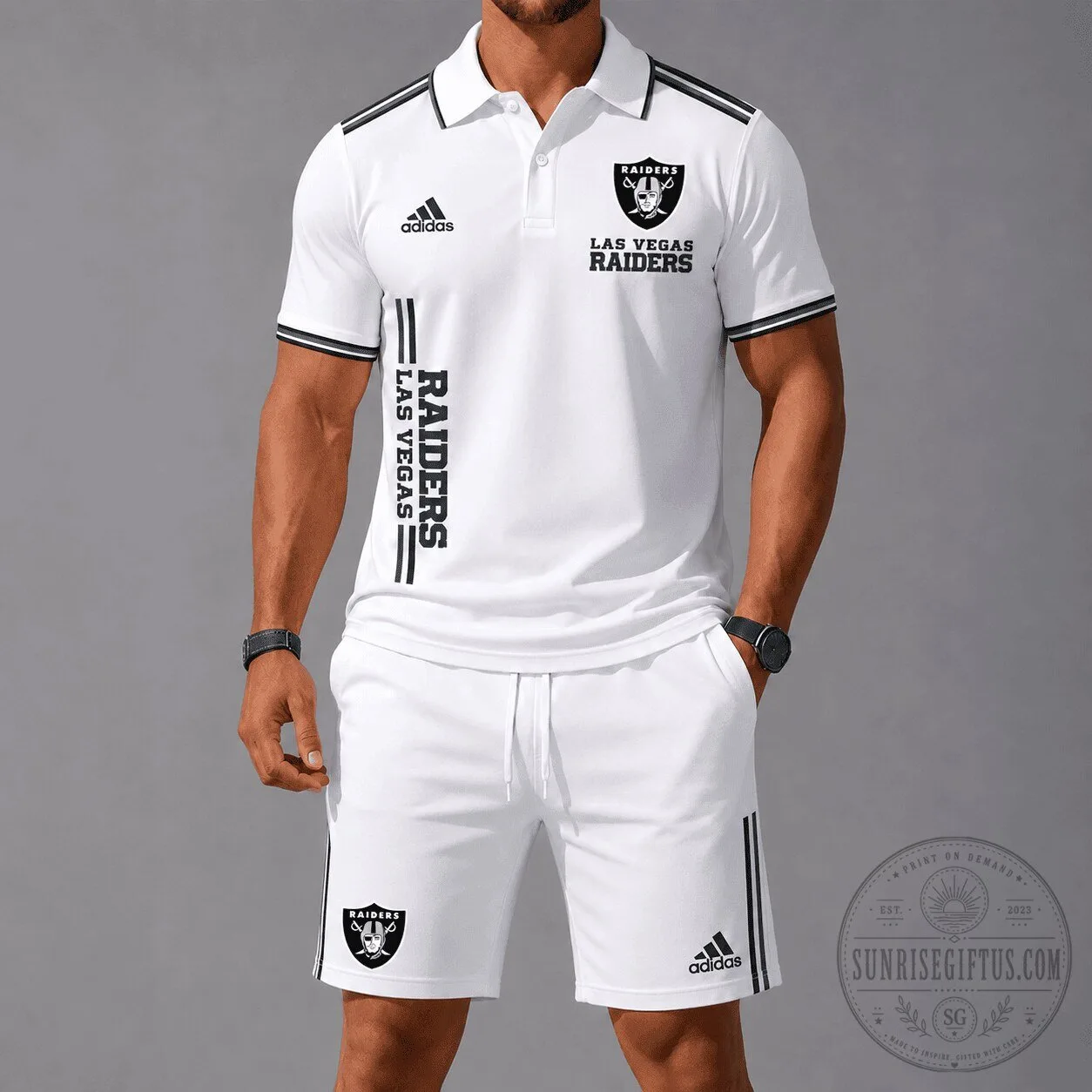 Las Vegas Raiders Football Team White Polo Shirt and Shorts Set 2 Las Vegas Raiders Football Team White Polo Shirt and Shorts Set