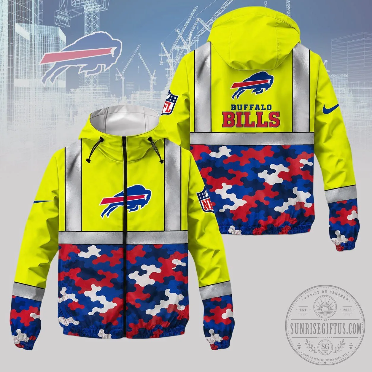 Reflective Camouflage Windbreaker Jacket for Buffalo Bills NFL Fans - High Visibility