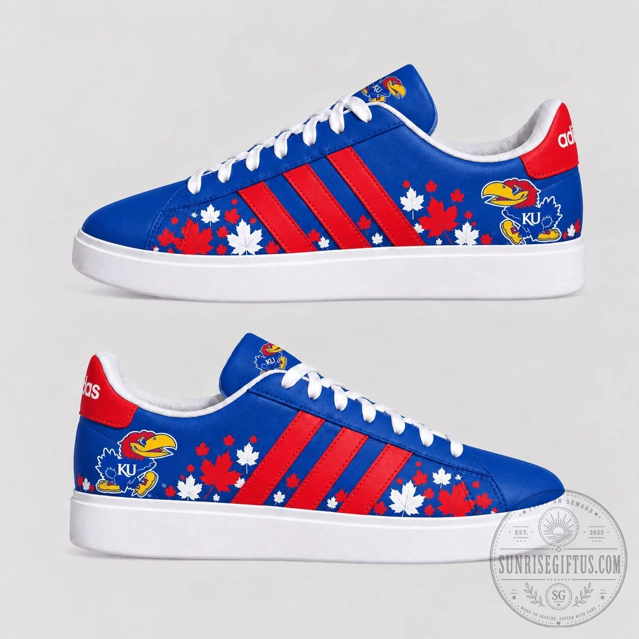 Kansas Jayhawks Fall Season Maple Leaf Blue and Red Sneakers