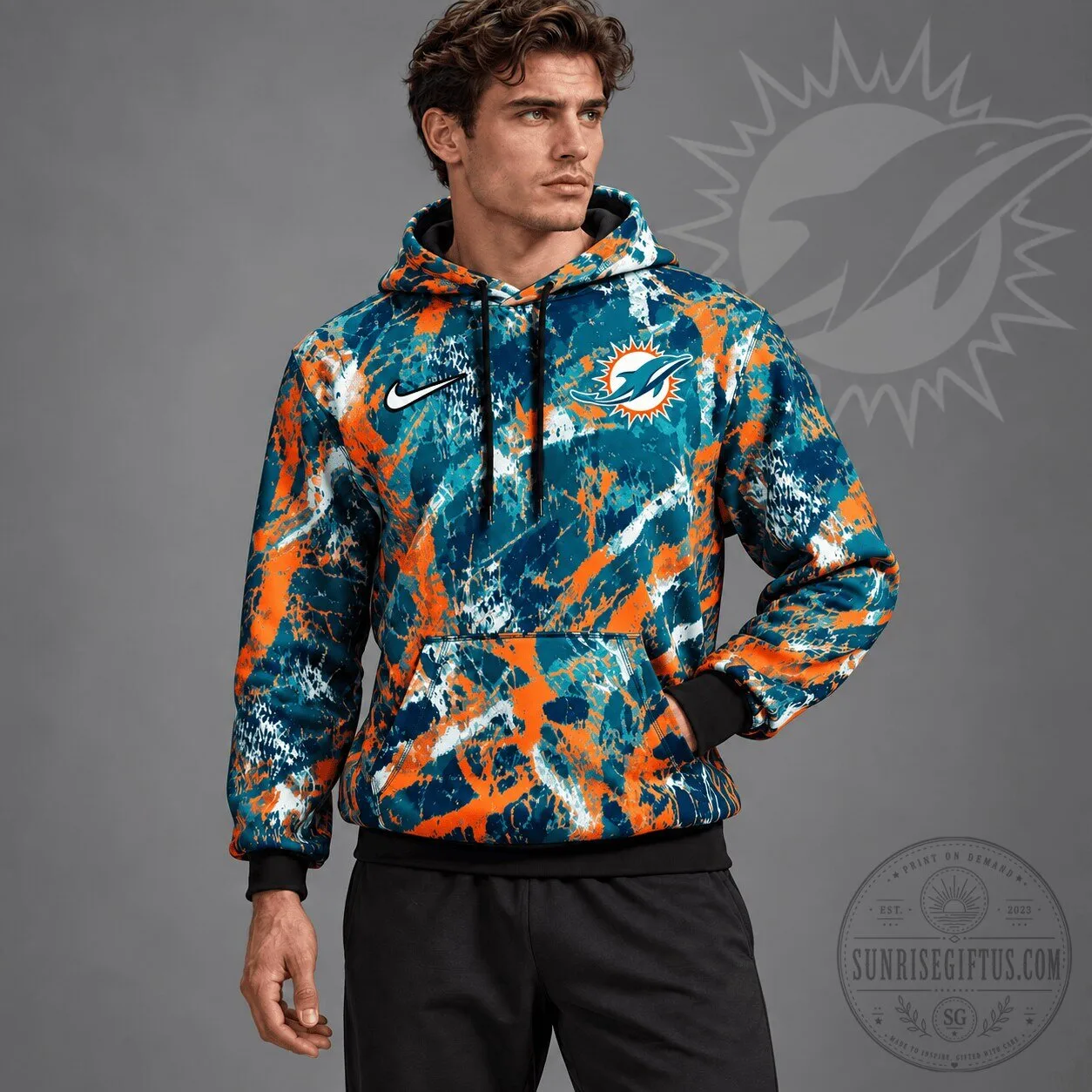 Miami Dolphins NFL Team Crest Distressed Brush Camo Pullover Hoodie 2 Miami Dolphins NFL Team Crest Distressed Brush Camo Pullover Hoodie