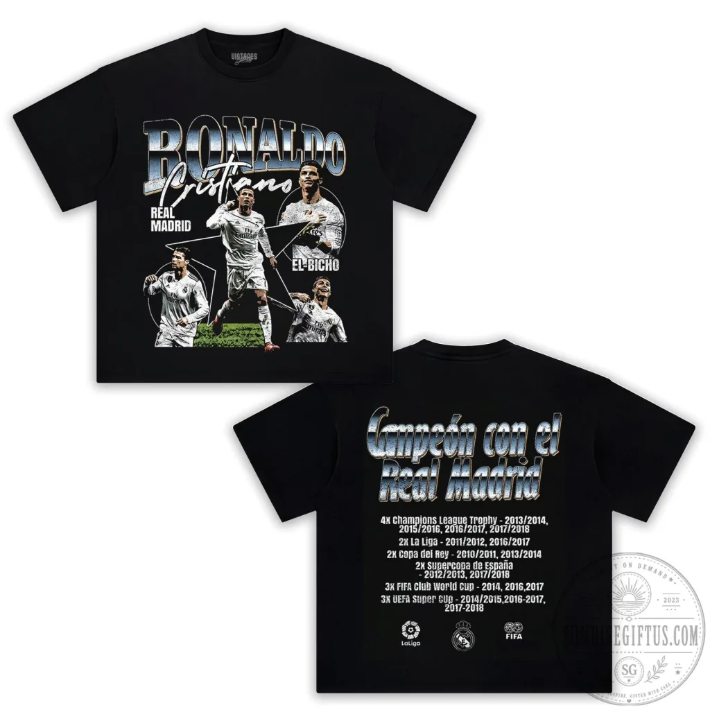 Cristiano Ronaldo Real Madrid Soccer Champion Black Graphic T-Shirt Cristiano Ronaldo Real Madrid Soccer Champion Black Graphic T-Shirt