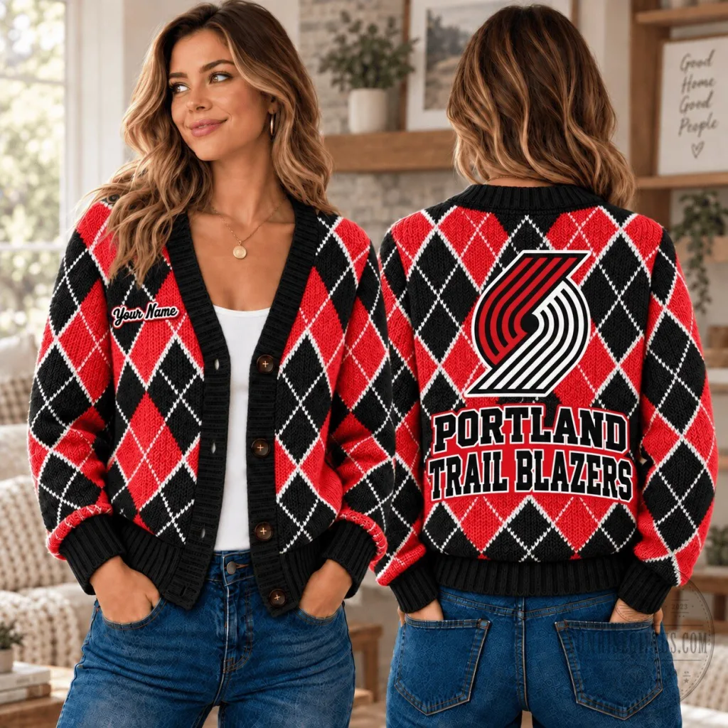 Portland Trail Blazers NBA Argyle Pattern Custom Name Cardigan Jacket Portland Trail Blazers NBA Argyle Pattern Custom Name Cardigan Jacket
