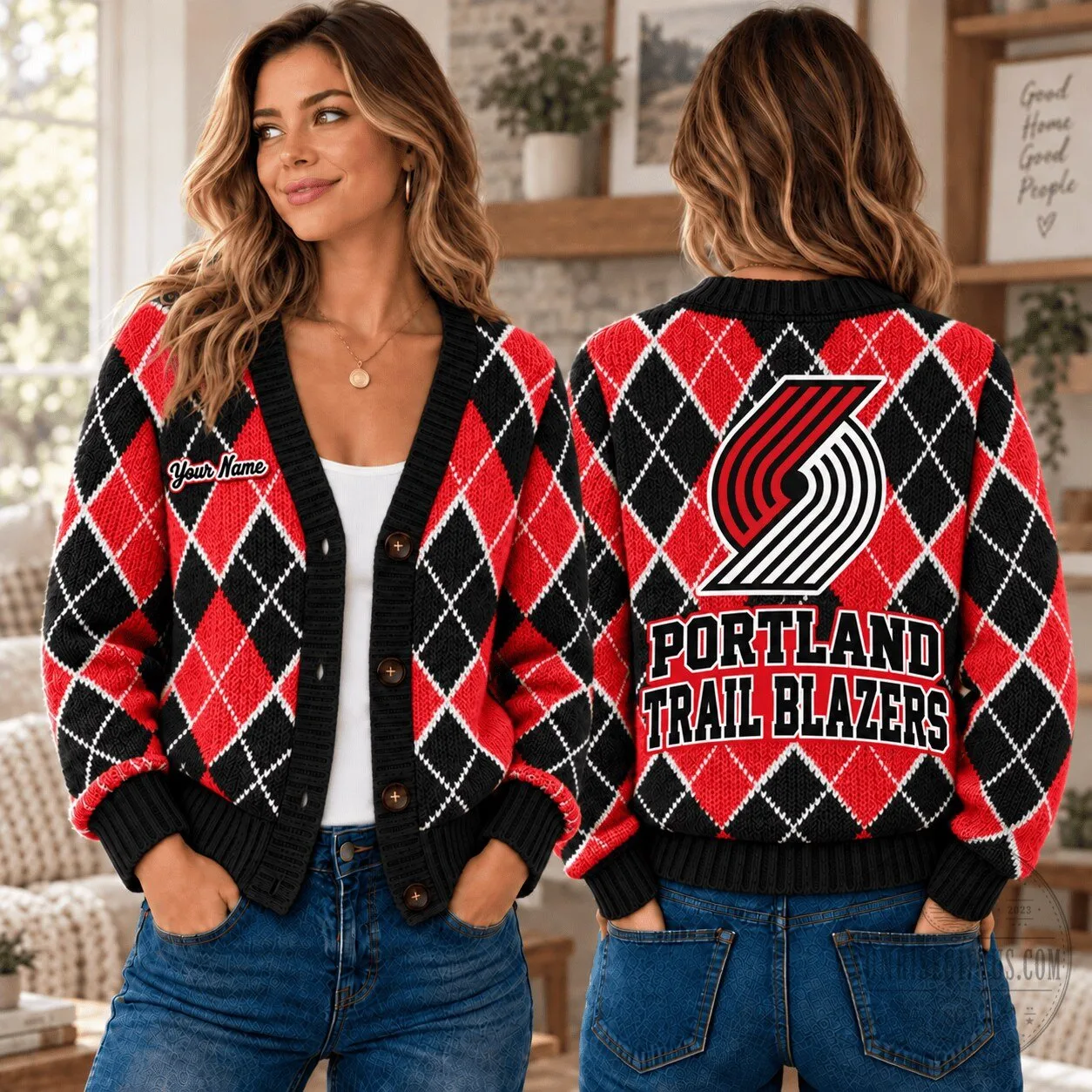 Portland Trail Blazers NBA Argyle Pattern Custom Name Cardigan Jacket