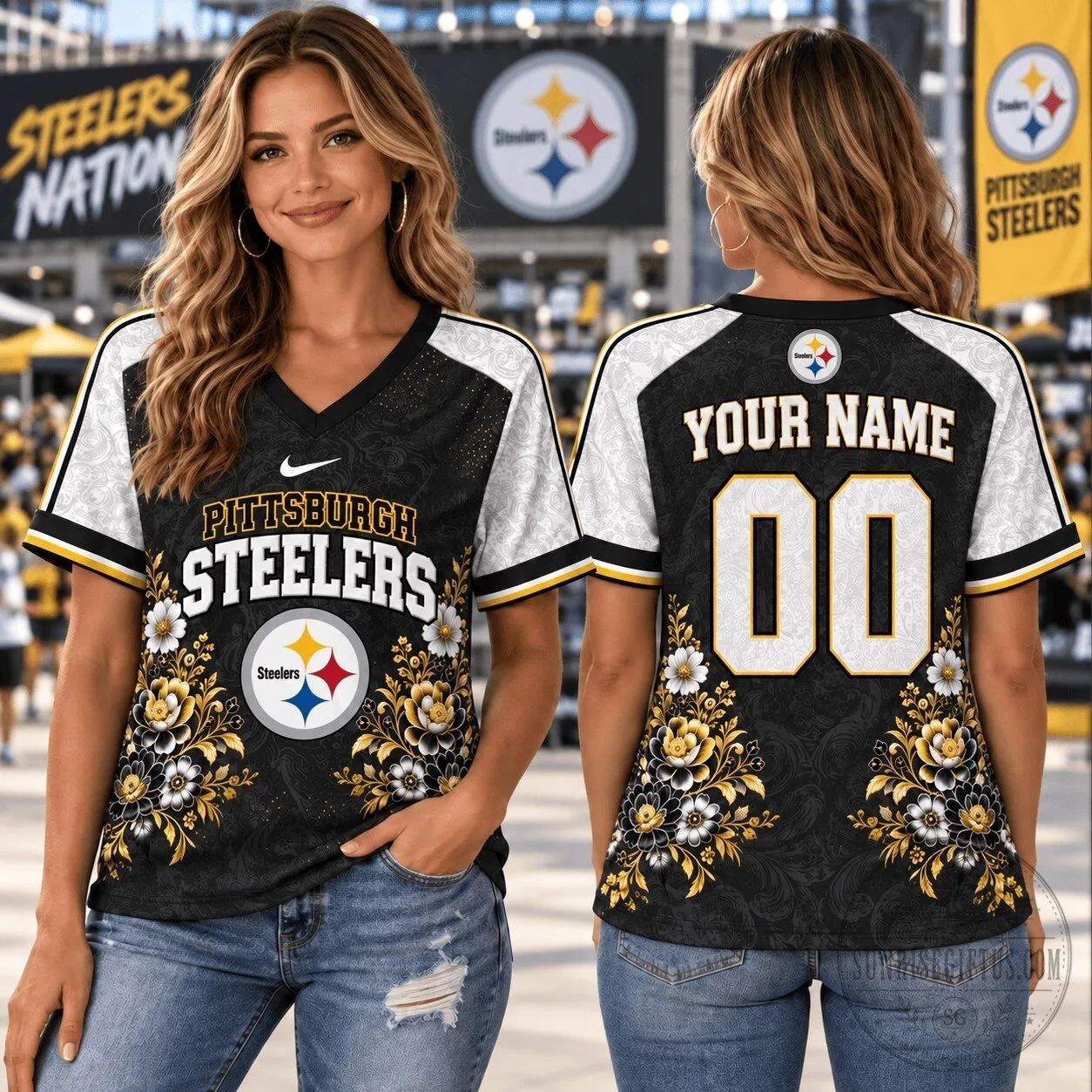 Pittsburgh Steelers Personalized 1D Fan V-Neck T-Shirt 5 Pittsburgh Steelers Personalized 1D Fan V-Neck T-Shirt
