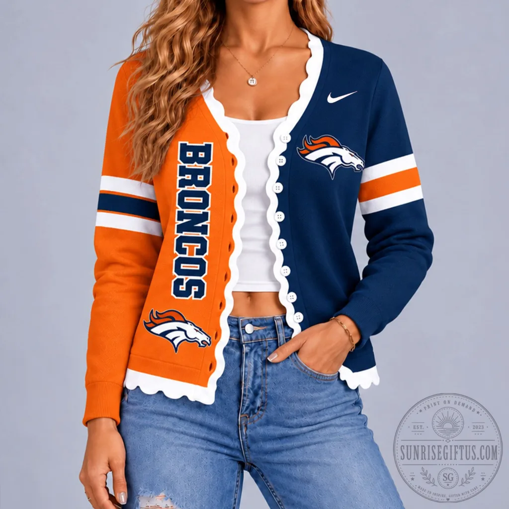 Denver Broncos Women's Split Colorblock Scalloped Cardigan Sweater Denver Broncos Women's Split Colorblock Scalloped Cardigan Sweater