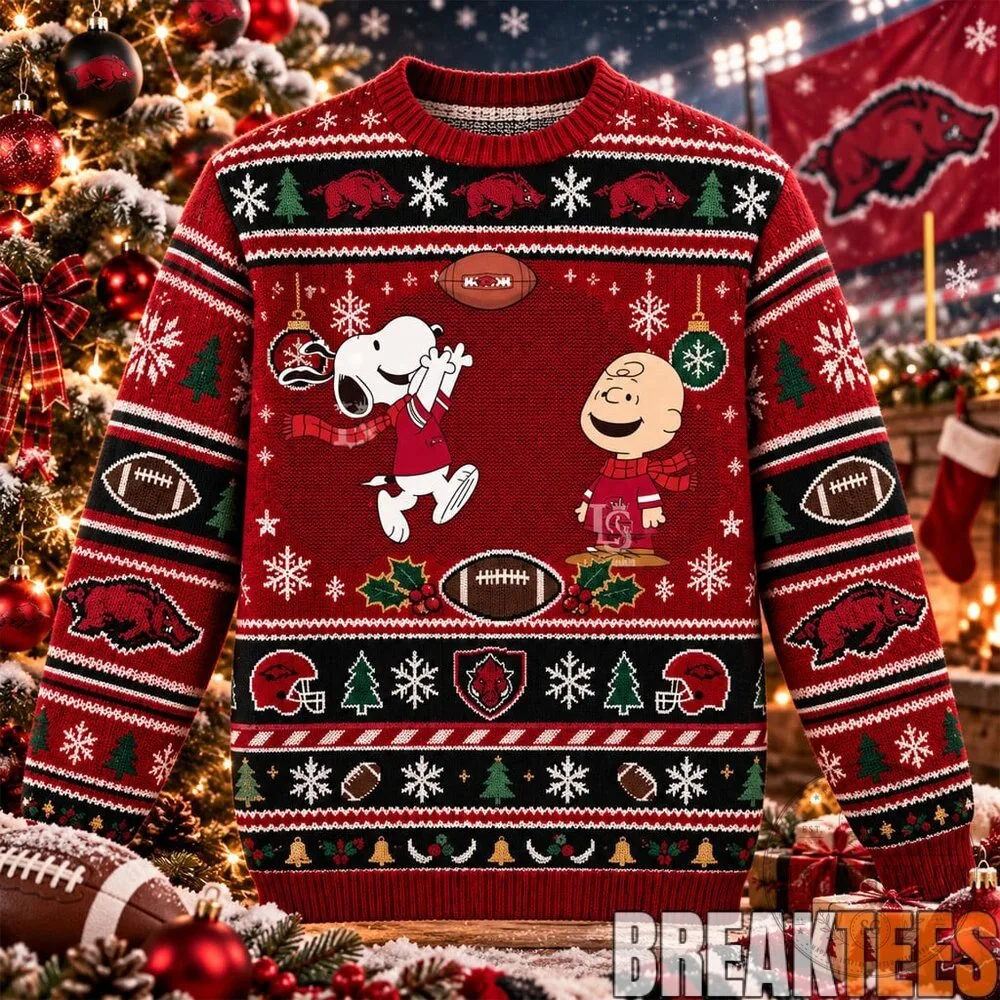 Arkansas Razorbacks Snoopy Charlie Brown Football Christmas Ugly Sweater 8 Arkansas Razorbacks Snoopy Charlie Brown Football Christmas Ugly Sweater
