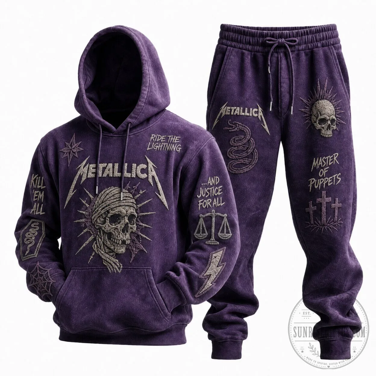 Metallica Washed Purple Skull Graphic Hoodie and Sweatpants Tracksuit Set 1 Metallica Washed Purple Skull Graphic Hoodie and Sweatpants Tracksuit Set