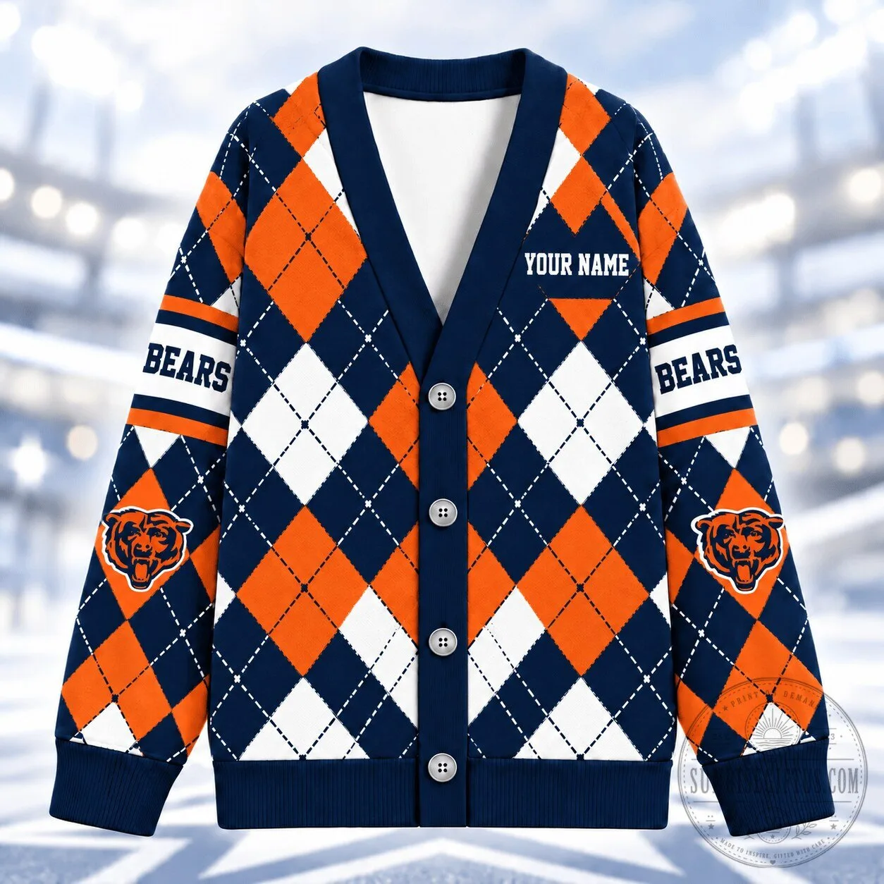Chicago Bears NFL Custom Name Argyle Knitted Cardigan Sweater 2 Chicago Bears NFL Custom Name Argyle Knitted Cardigan Sweater