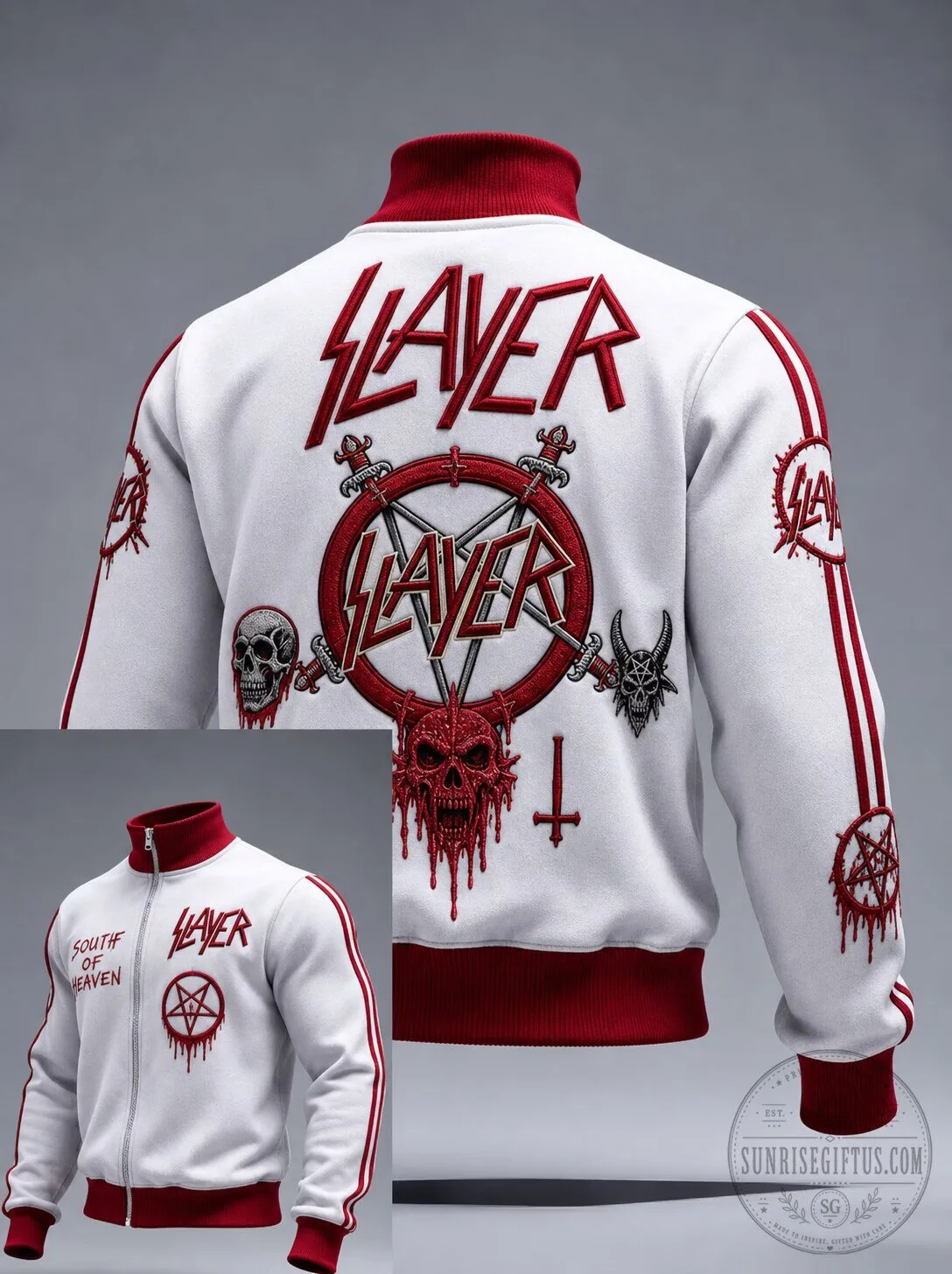 Slayer Band Logo Pentagram Skull Graphic Print White Red Full-Zip Jacket 2 Slayer Band Logo Pentagram Skull Graphic Print White Red Full-Zip Jacket