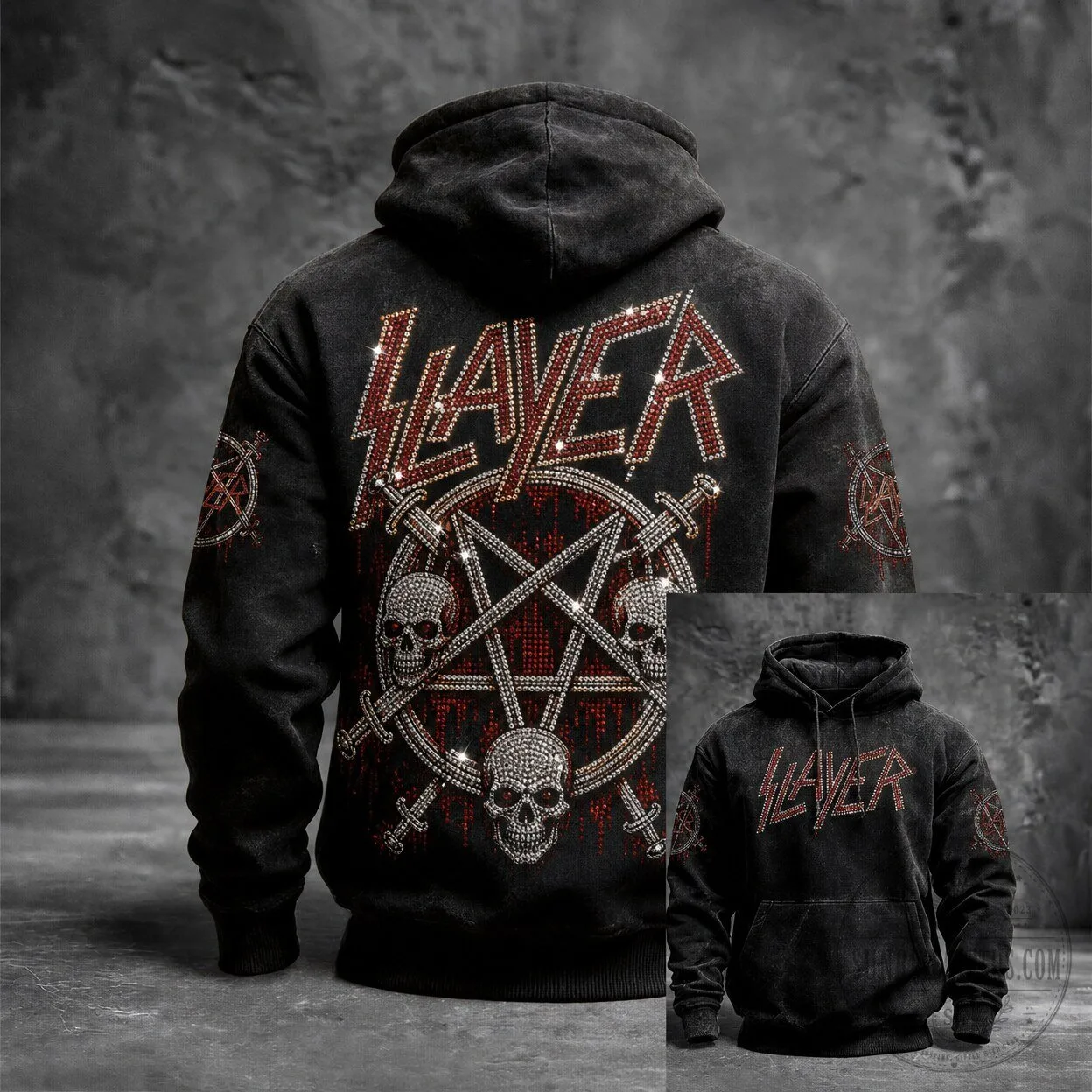 Slayer Band Rhinestone Skull Pentagram Graphic Washed Hoodie 2 Slayer Band Rhinestone Skull Pentagram Graphic Washed Hoodie