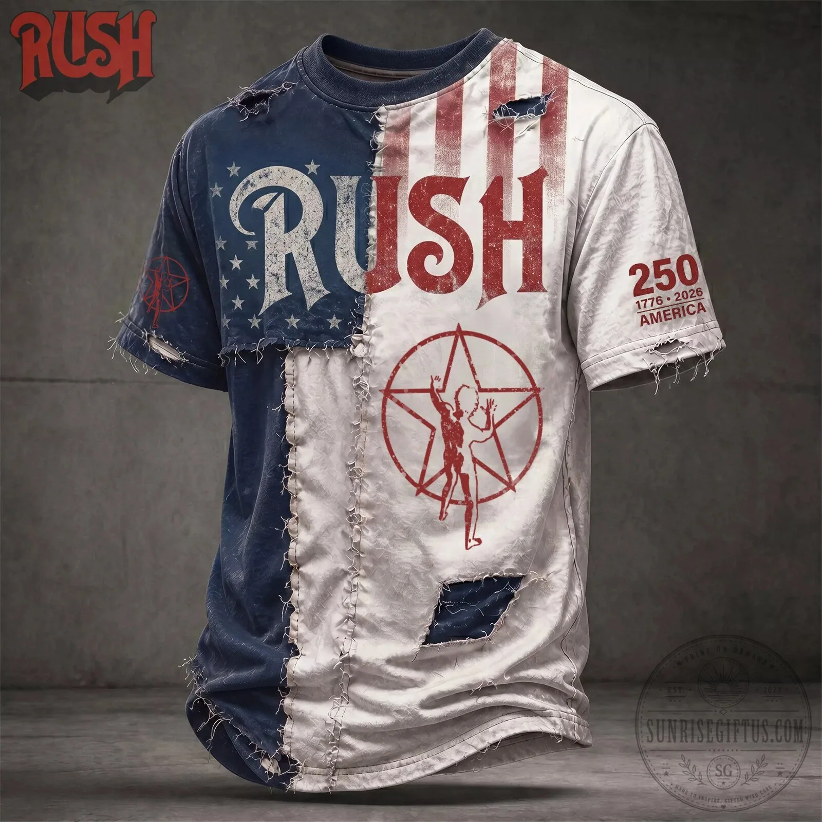 Rush Band American Flag Distressed Rock Music T-Shirt