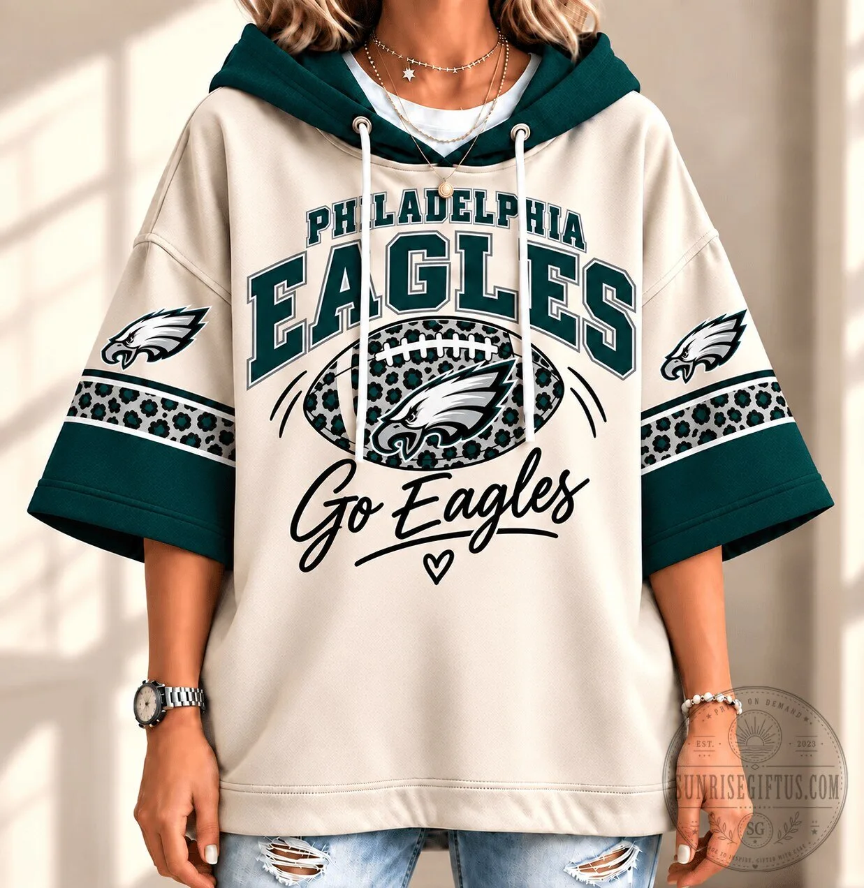 Philadelphia Eagles Leopard Print Football Fan Short Sleeve Hoodie 1 Philadelphia Eagles Leopard Print Football Fan Short Sleeve Hoodie