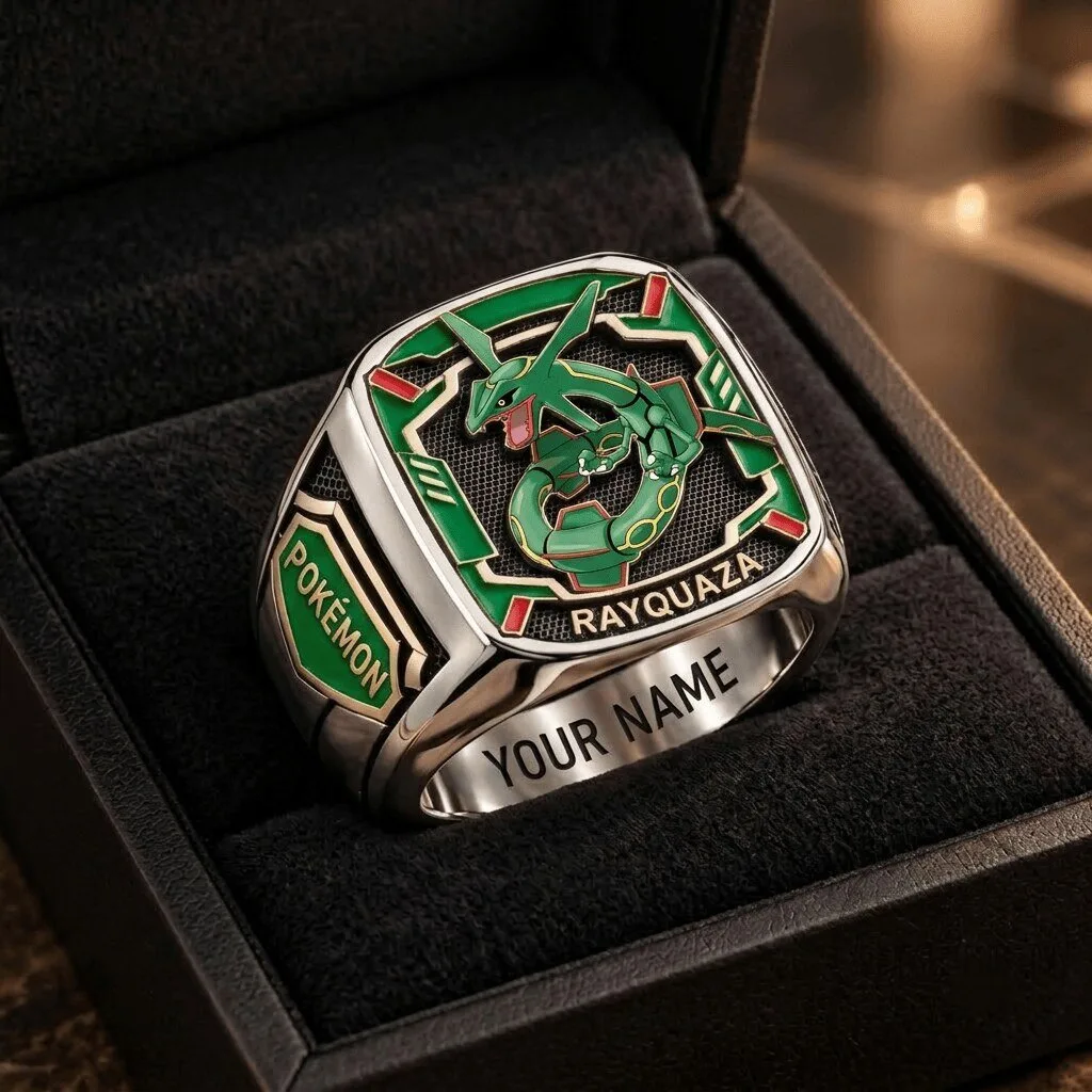 Pokemon Rayquaza Custom Engraved Silver Ring