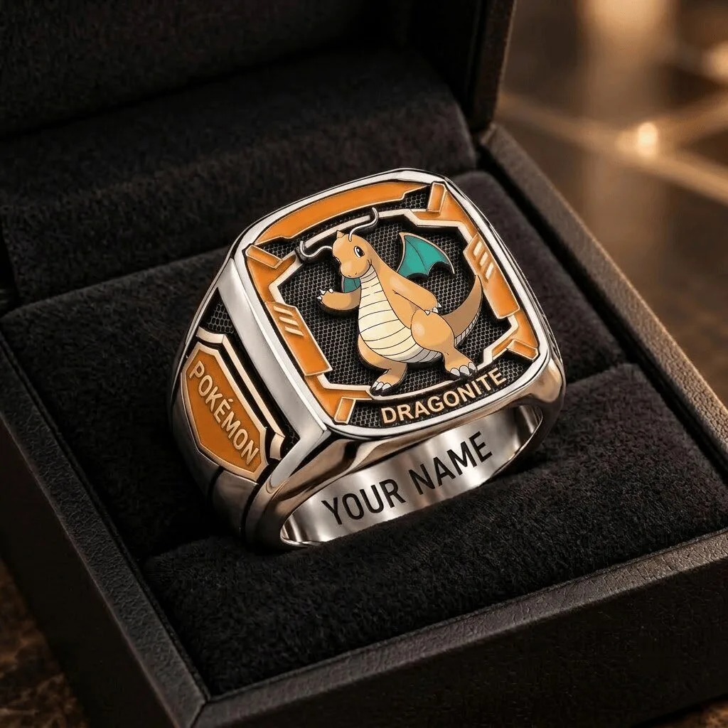 Pokemon Dragonite Custom Engraved Stainless Steel Ring