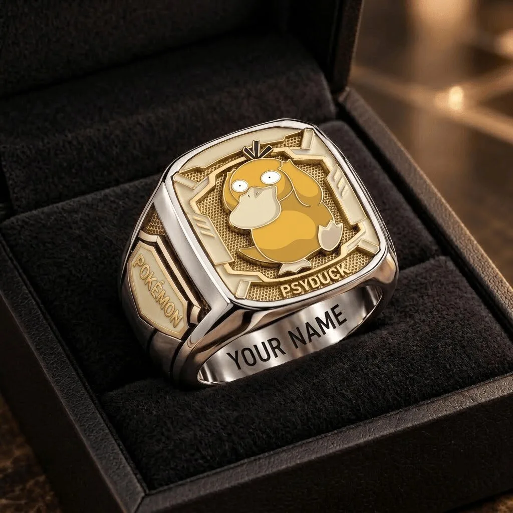 Pokemon Psyduck Custom Engraved Gold and Silver Plated Fan Ring 2 Pokemon Psyduck Custom Engraved Gold and Silver Plated Fan Ring
