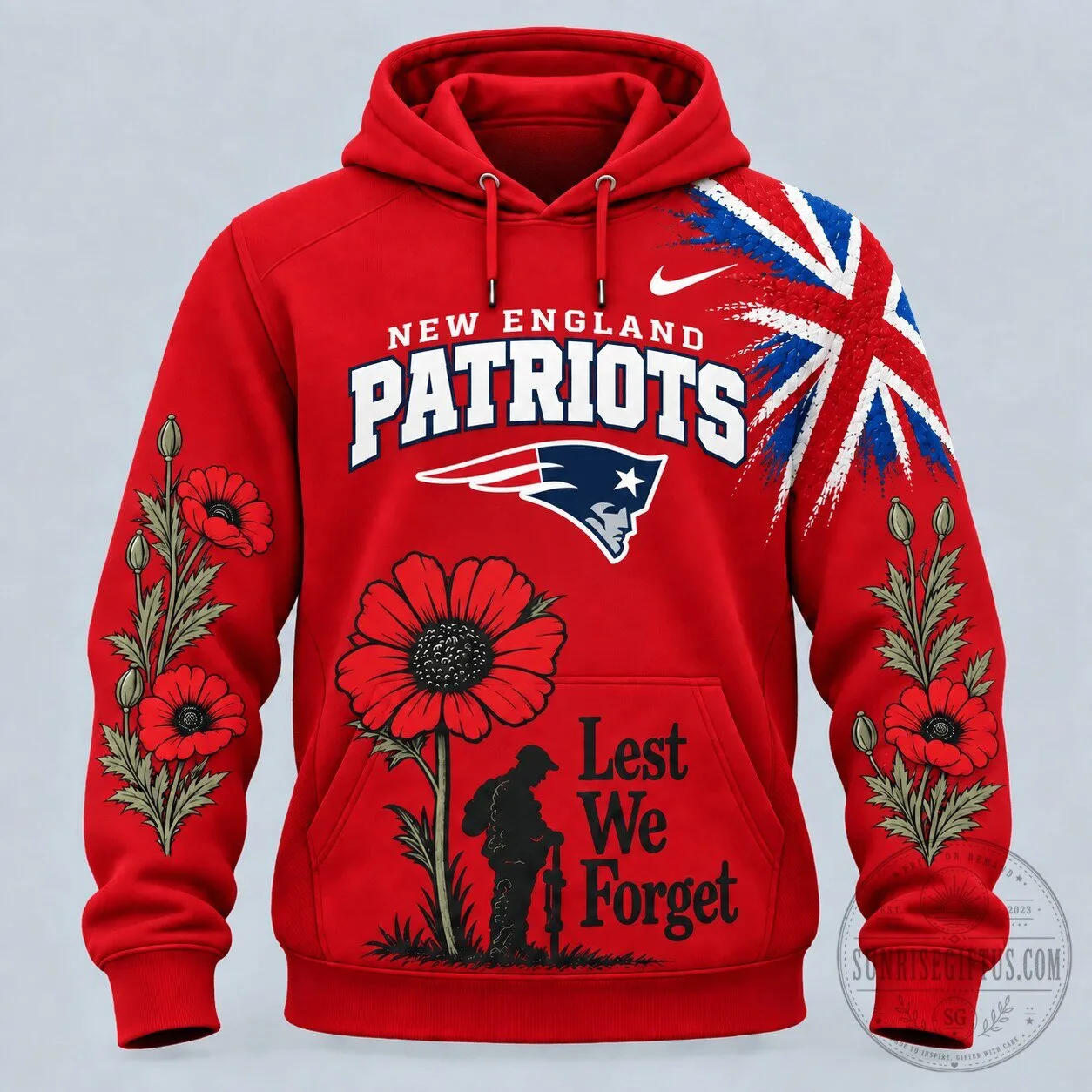 New England Patriots Lest We Forget Poppy Flower Red Hoodie 2 New England Patriots Lest We Forget Poppy Flower Red Hoodie