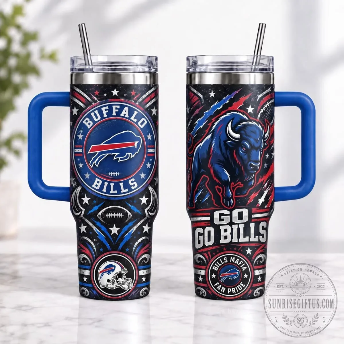 Buffalo Bills Football Team Logo and Mascot Stainless Steel Tumbler with Handle