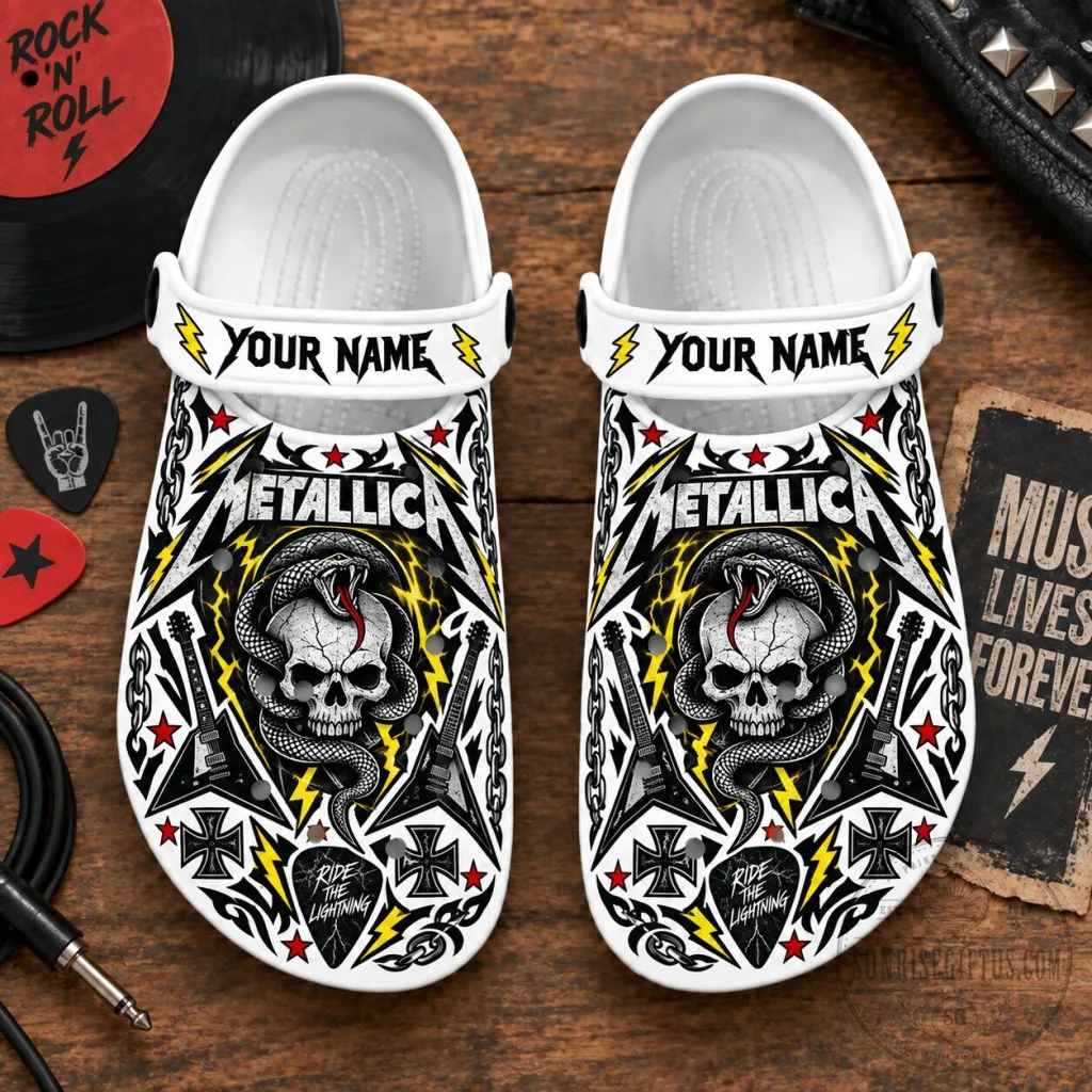 Metallica Ride the Lightning Personalized Skull and Snake Rock Band Clogs Metallica Ride the Lightning Personalized Skull and Snake Rock Band Clogs