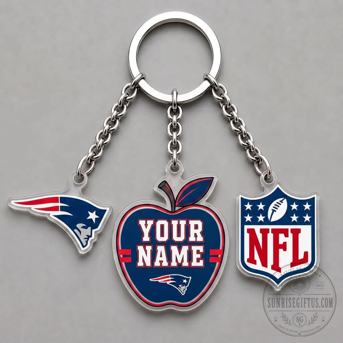 New England Patriots NFL Personalized Apple Triple Charm Keychain