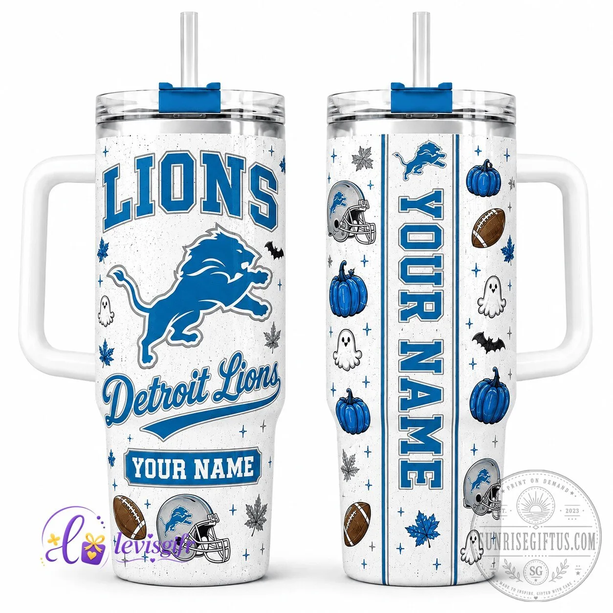 Detroit Lions Halloween Personalized Football Fan Tumbler with Handle