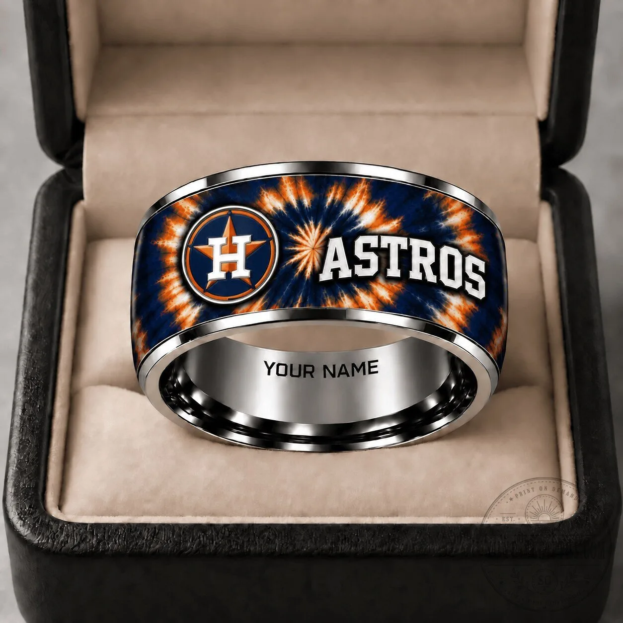 Houston Astros Tie-Dye Baseball Team Logo Tungsten Steel Ring