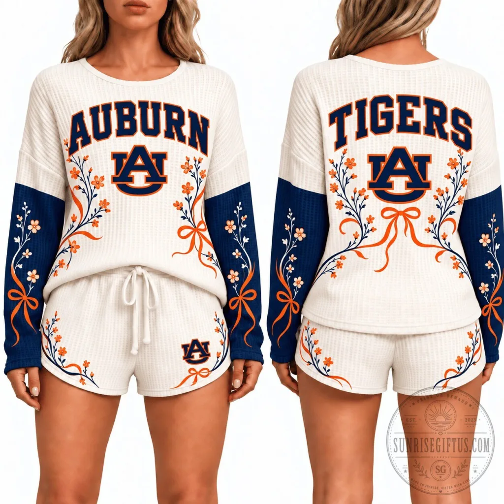 Auburn Tigers Floral Print Women's Waffle Knit Pajama Set Auburn Tigers Floral Print Women's Waffle Knit Pajama Set