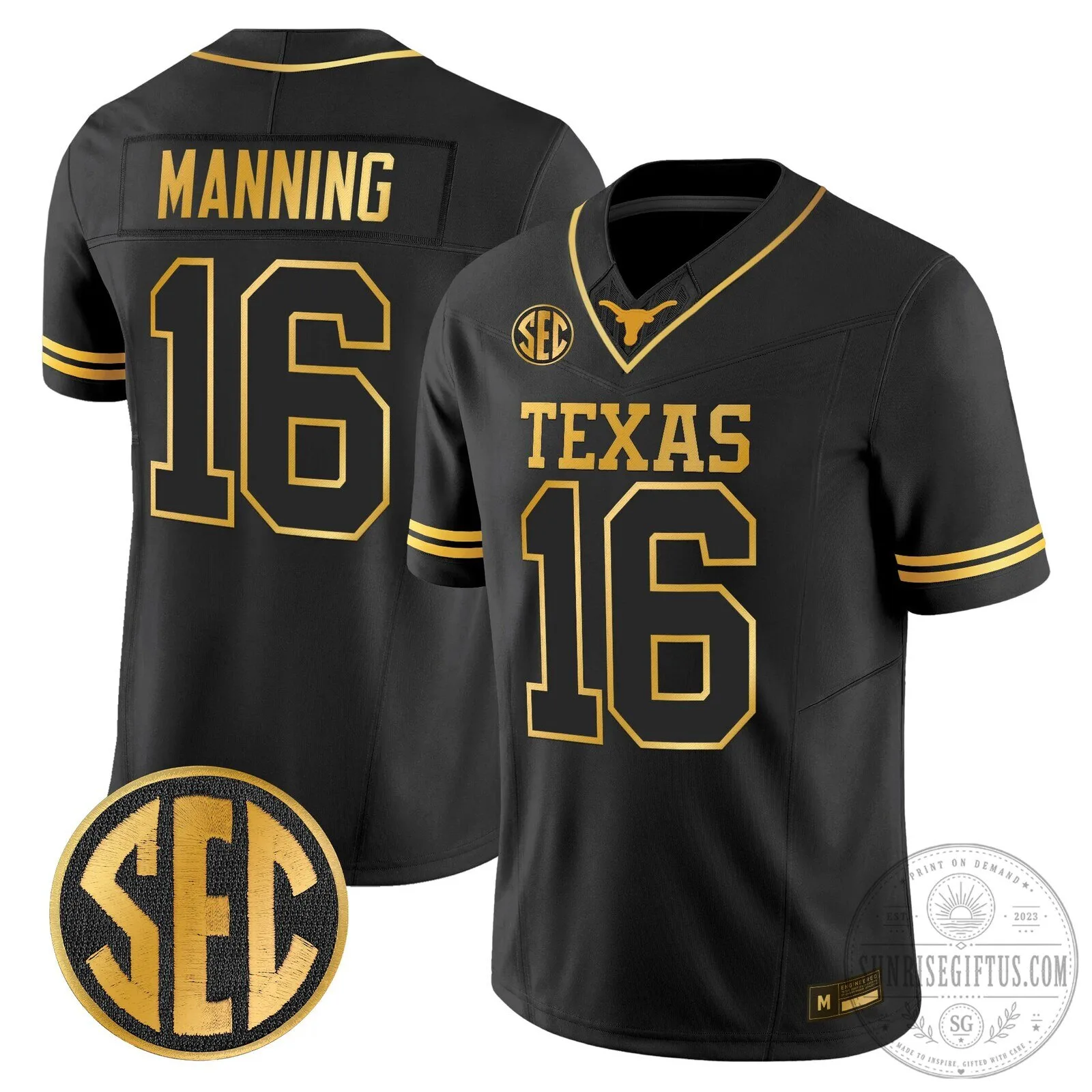 Texas Longhorns Arch Manning Number 16 Black and Gold Football Jersey 1 Texas Longhorns Arch Manning Number 16 Black and Gold Football Jersey
