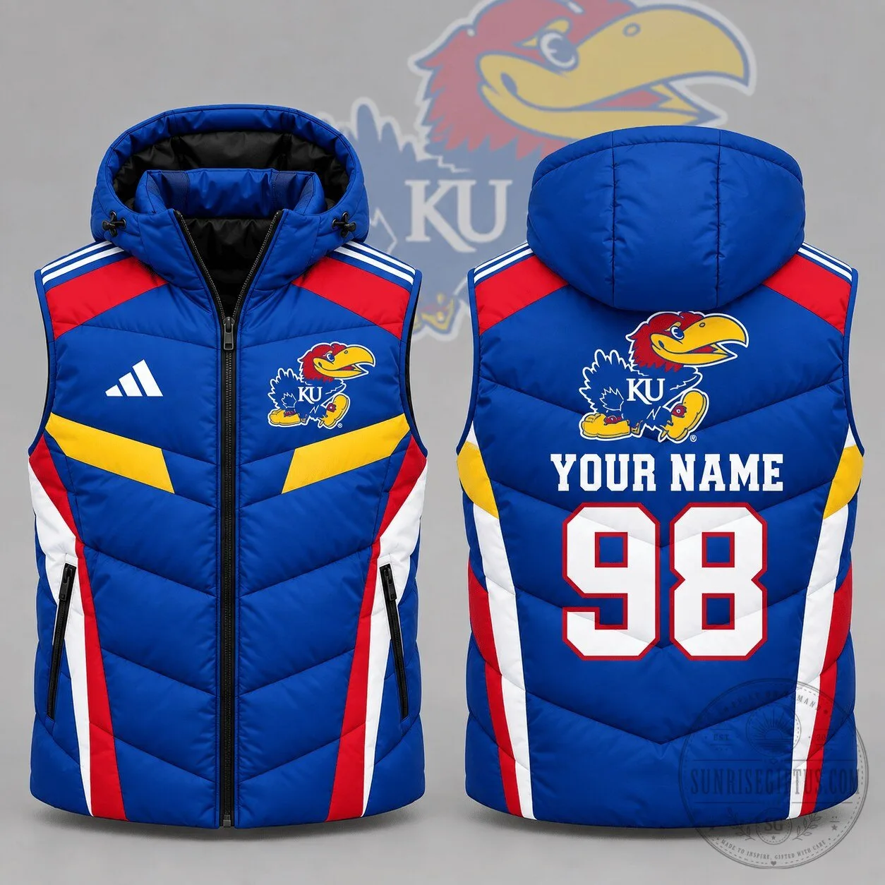Kansas Jayhawks Personalized Team Spirit Hooded Puffer Vest