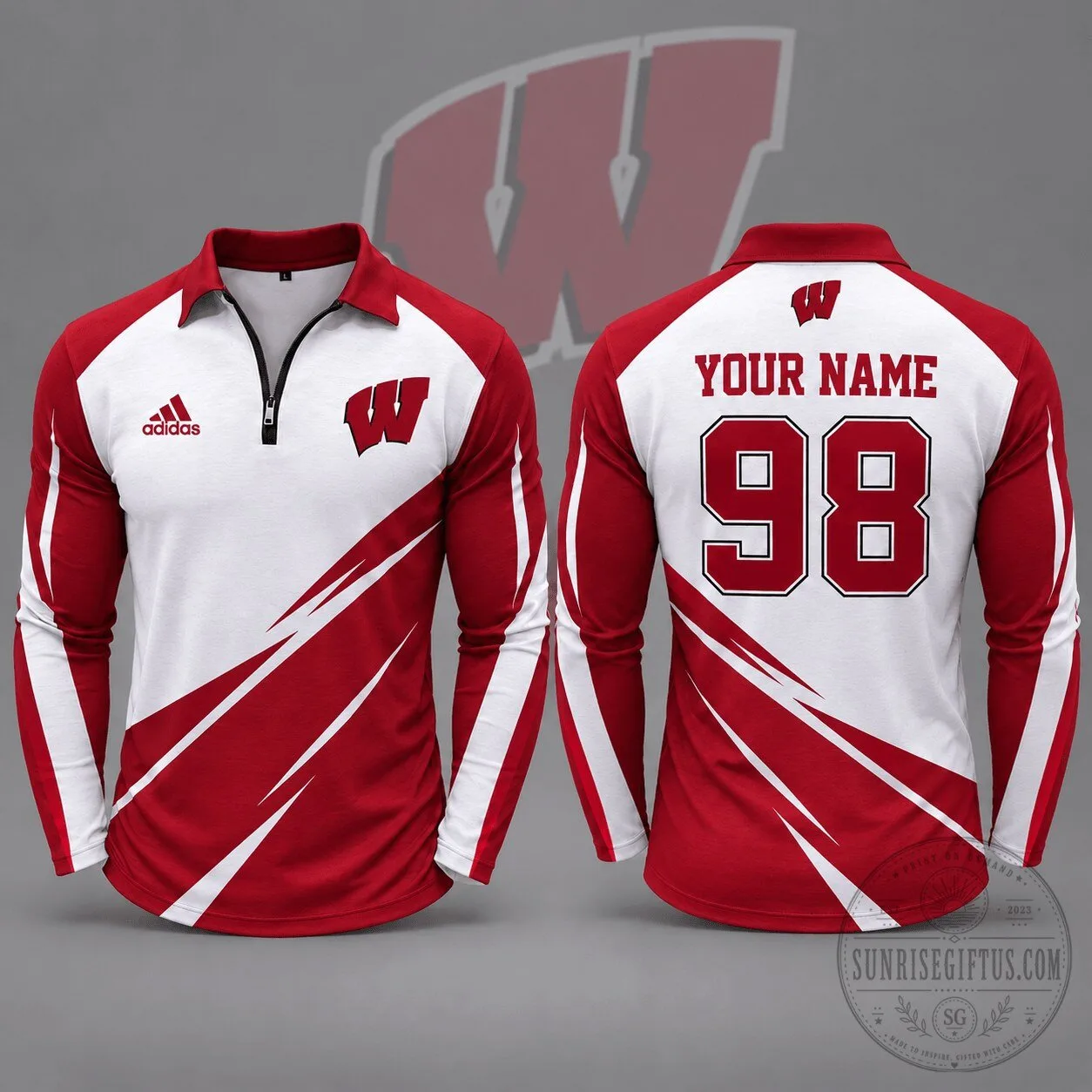 Wisconsin Badgers Personalized Red and White Long Sleeve Polo Shirt 1 Wisconsin Badgers Personalized Red and White Long Sleeve Polo Shirt