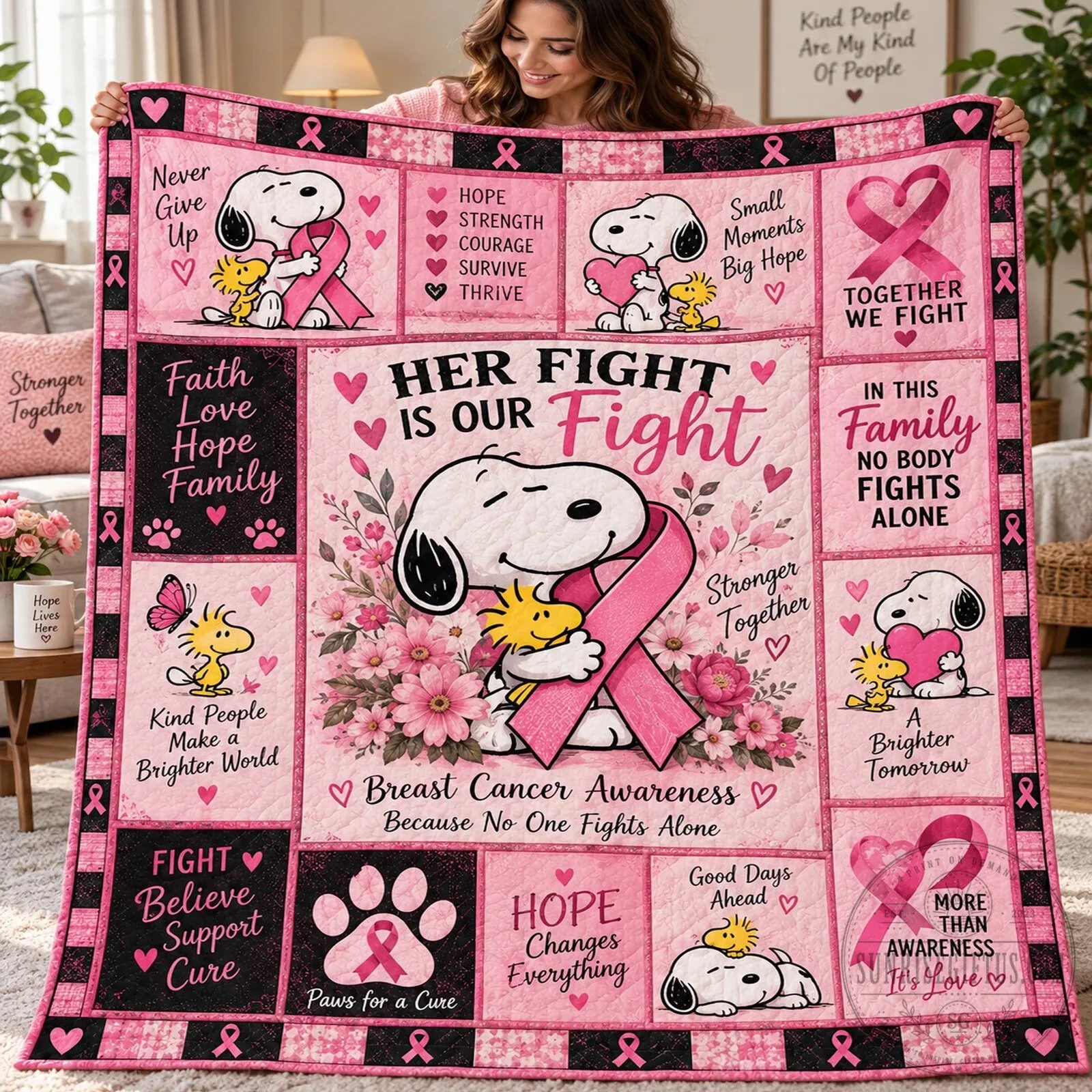 Snoopy Breast Cancer Awareness Together We Fight Pink Ribbon Quilt Blanket 1 Snoopy Breast Cancer Awareness Together We Fight Pink Ribbon Quilt Blanket