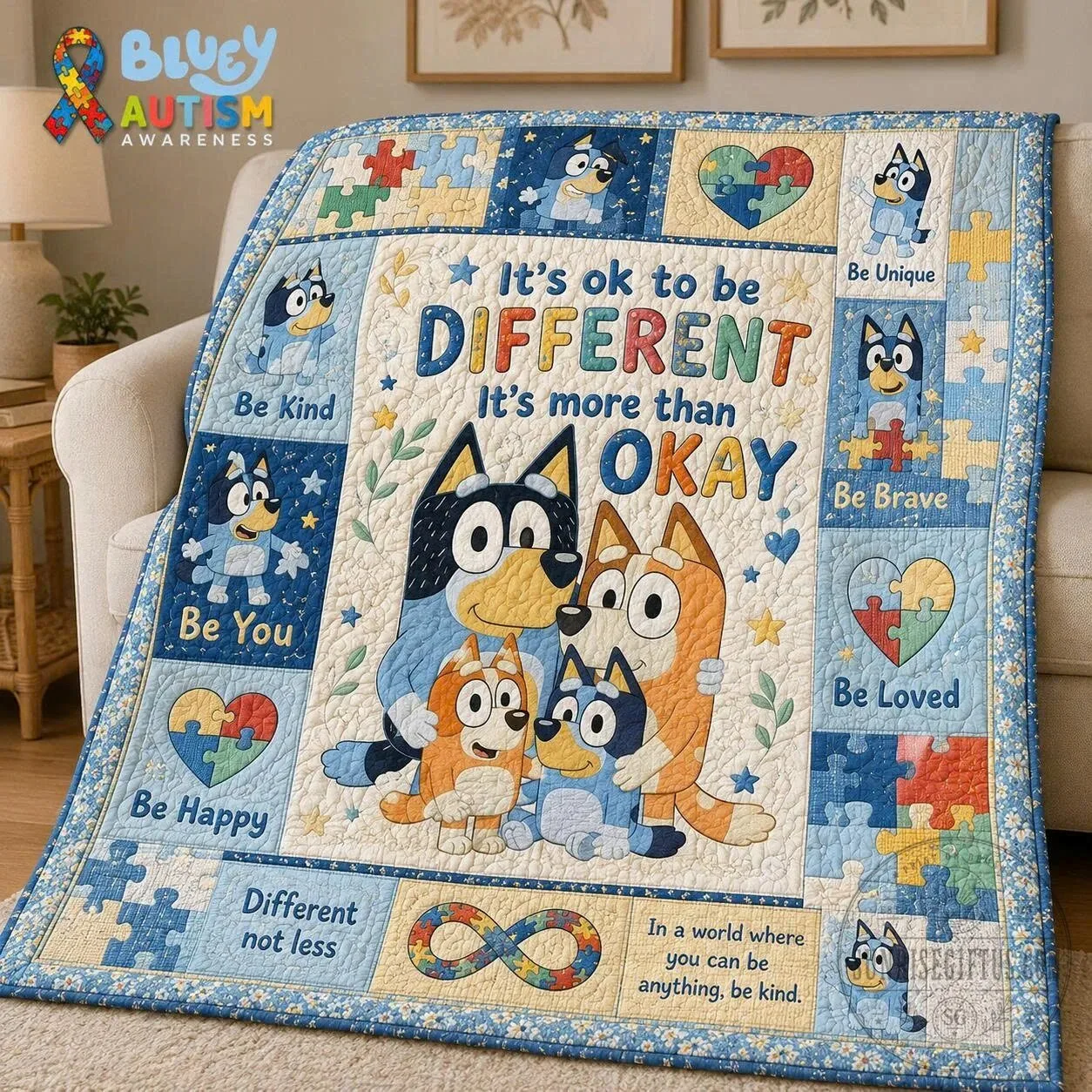 Bluey Autism Awareness It's Okay To Be Different Quilted Blanket