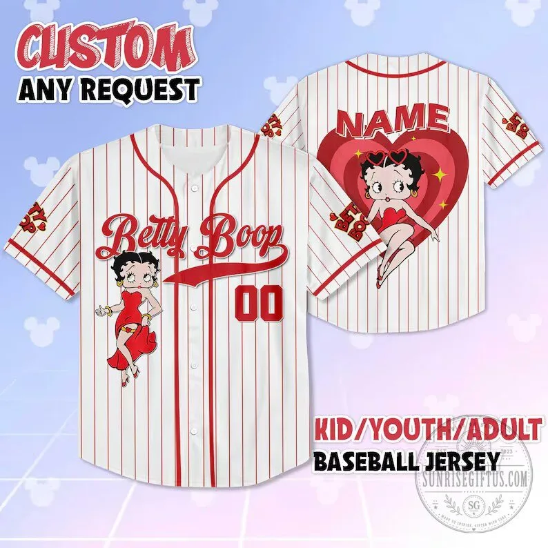 Betty Boop Cartoon Character Red Pinstripe Baseball Jersey