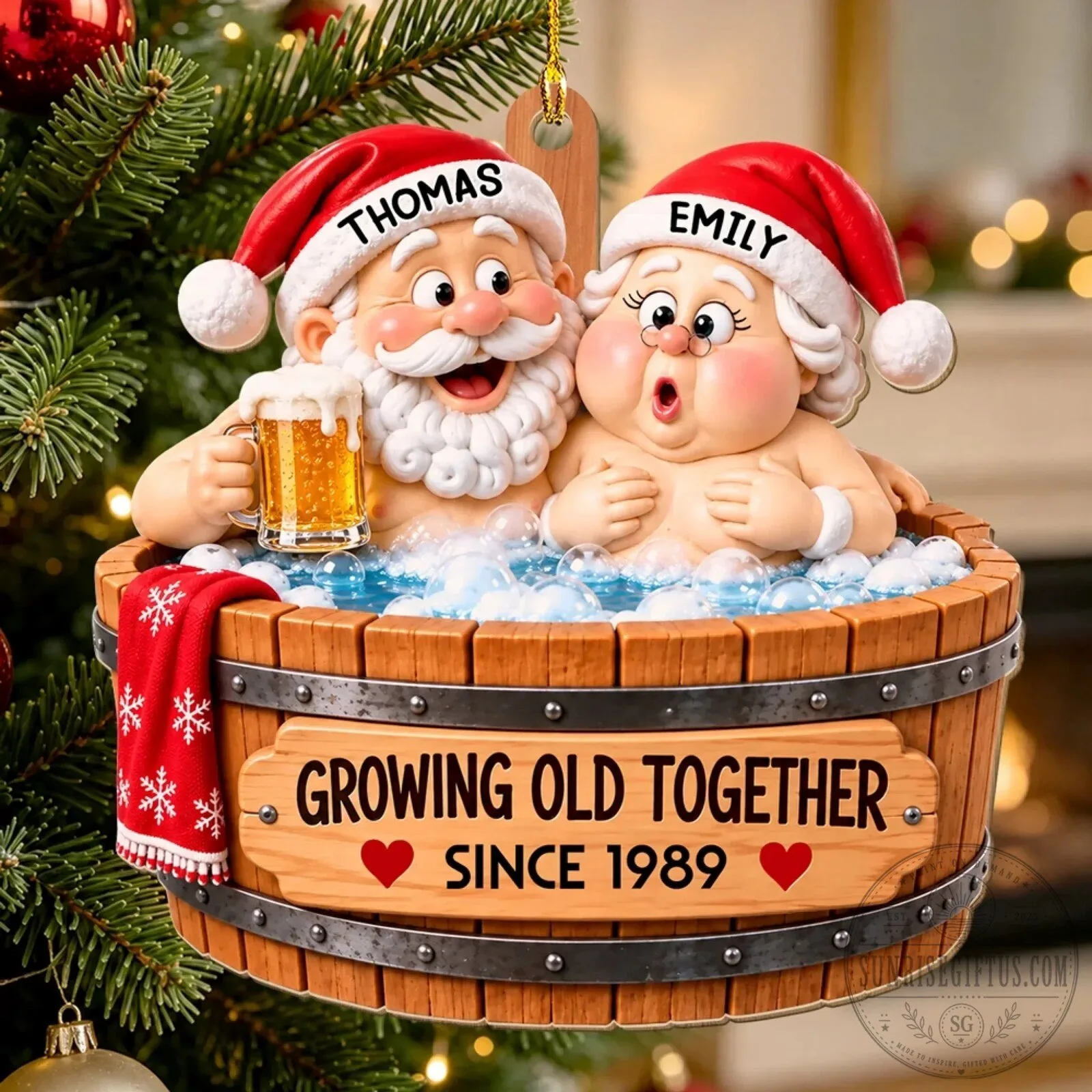Personalized Santa Claus and Mrs Claus Hot Tub Christmas Tree Ornament